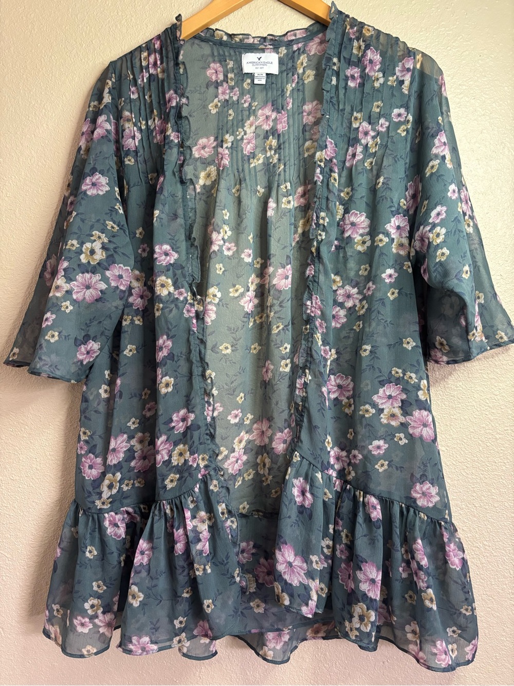 American Eagle Outfitters Sheer Floral Cardigan Sage Green Size M Coverup Kimono